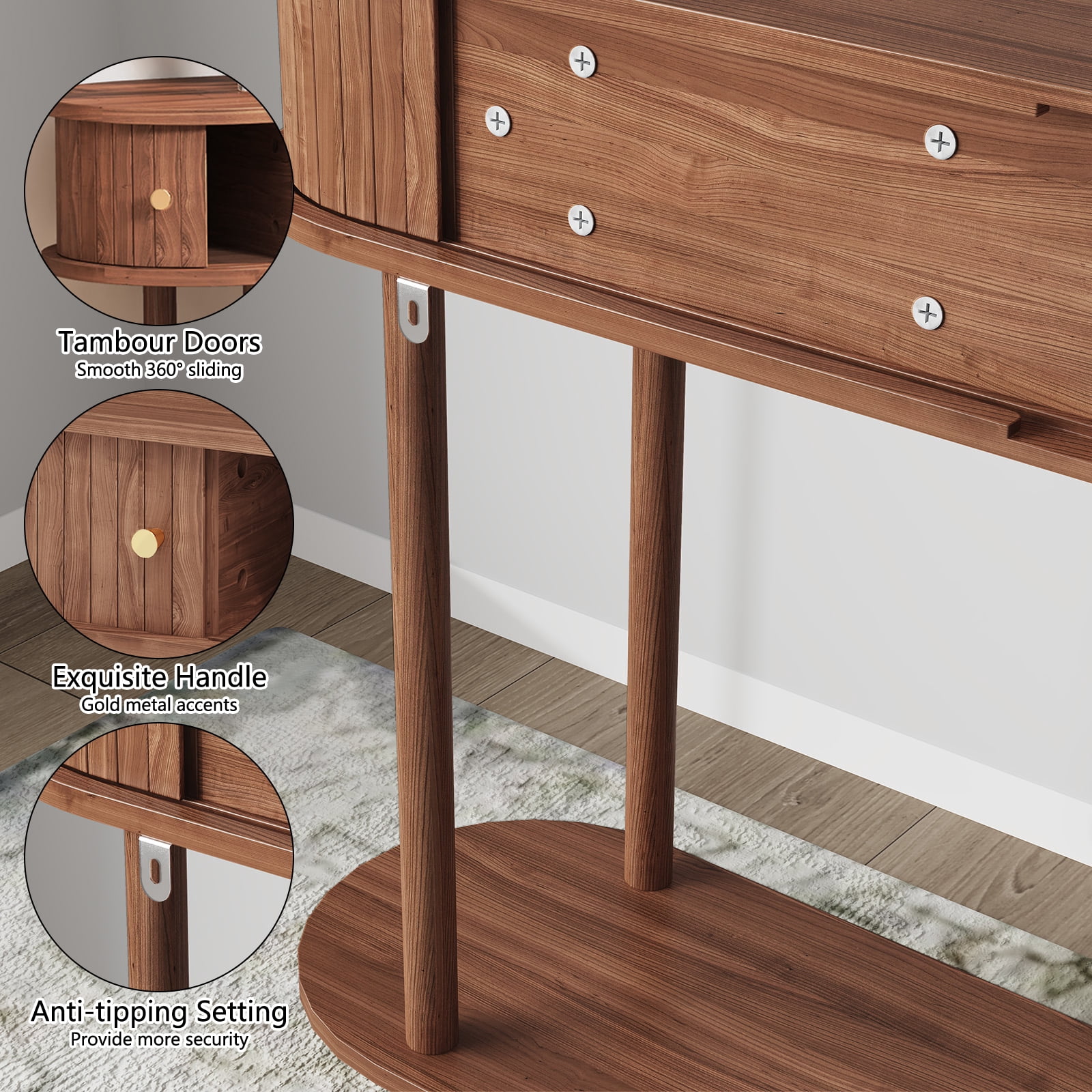 CBJCBJ 47.5" Console Modern Entryway Table with Wood Tambour Door Sofa Console &Storage Shelf for Hallway, Living Room（Brown）