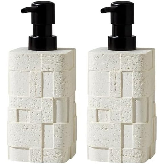 Soap Dispensers 400mL 13.5 OZ, 2 PCS Luxurious Hand Dish Lotion Shampoo Soap Dispenser Jar, Travertine Stone Look Soap Pump Bottles for Kitchen Bathroom Countertop (White)
