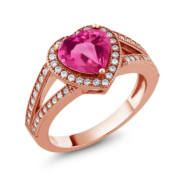 Gem Stone King 18K Rose Gold Plated Silver Ring Heart Shape Created Sapphire and Moissanite (2.09 Cttw) (Size 7)