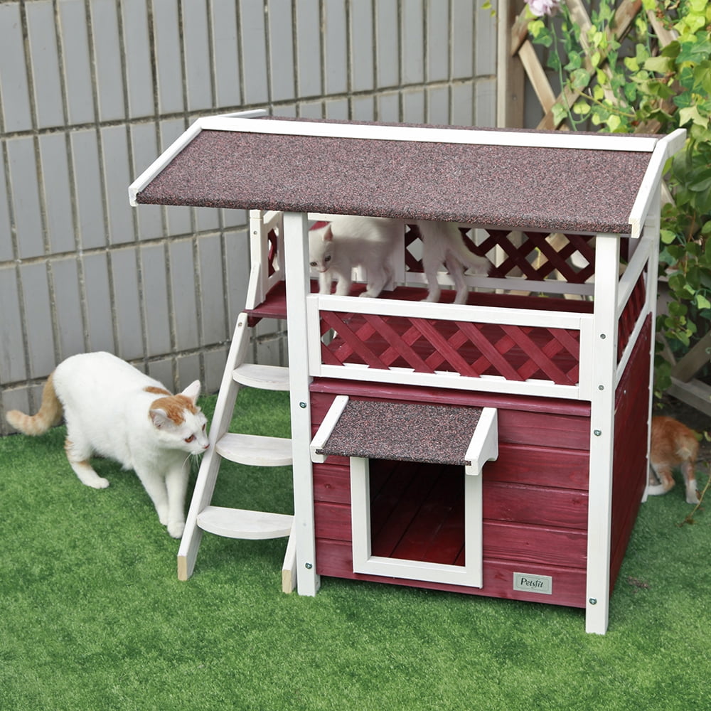 Petsfit Outdoor Cat House for Feral Cats Weatherproof, 2 Story Wooden Kitten Condo with Escape Door Red