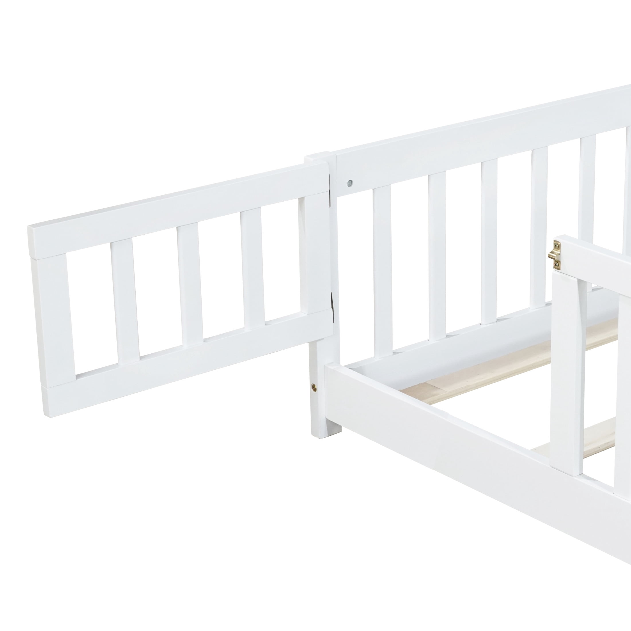 Noble House Twin Floor Bed with Safety Guardrails and Door, Rubber Wood Montessori Bed, Kid's Room, White