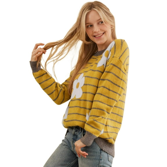 Women's Cozy Yellow Stripe Daisy Floral Round Neck Sweater for Winter | [ZhiHiMeRi] | (US 12-14)L