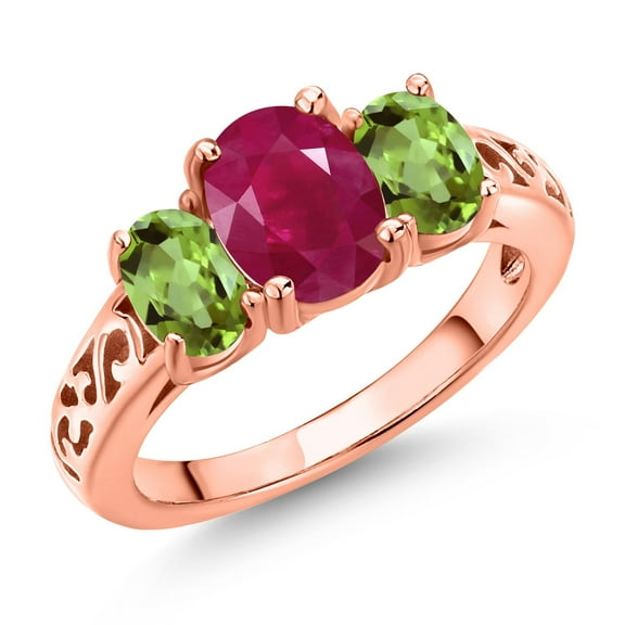 Gem Stone King 18K Rose Gold Plated Silver Red Ruby and Green Peridot Filigree Style 3 Stone Ring for Women (2.60 Cttw, Oval 8X6MM and 6X4MM) (Size 7)