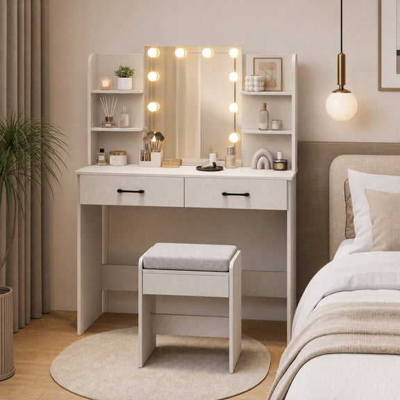 Vanity Desk Set with Mirror and Lights, Makeup Vanity Table with 2 Large Drawers& Charging Station, Modern Vanity Dressing Table with Stool for Bedroom, White