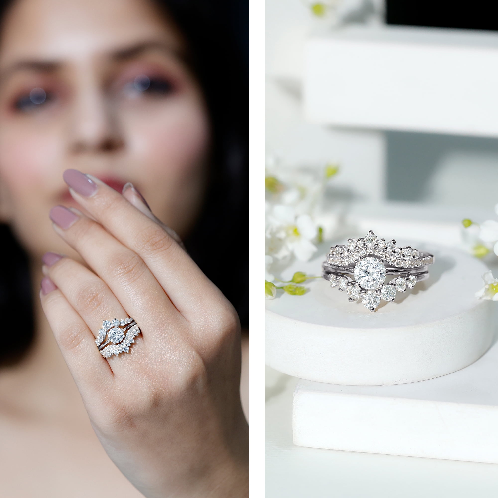 Rosec Jewels Certified Moissanite 3 Piece Wedding Ring Set for Women - Moissanite Engagement Ring with Enhancer - D-VS1 Quality, 10K White Gold, US 4.50