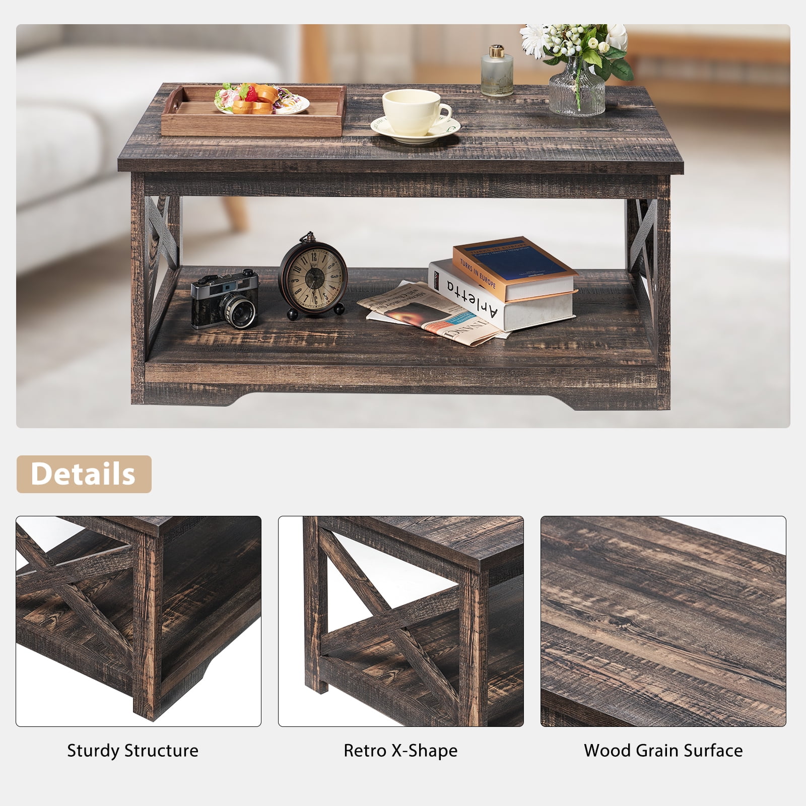 LUXOAK 3-Piece Farmhouse Table Set, Coffee Table & Two End Tables, Dark Oak