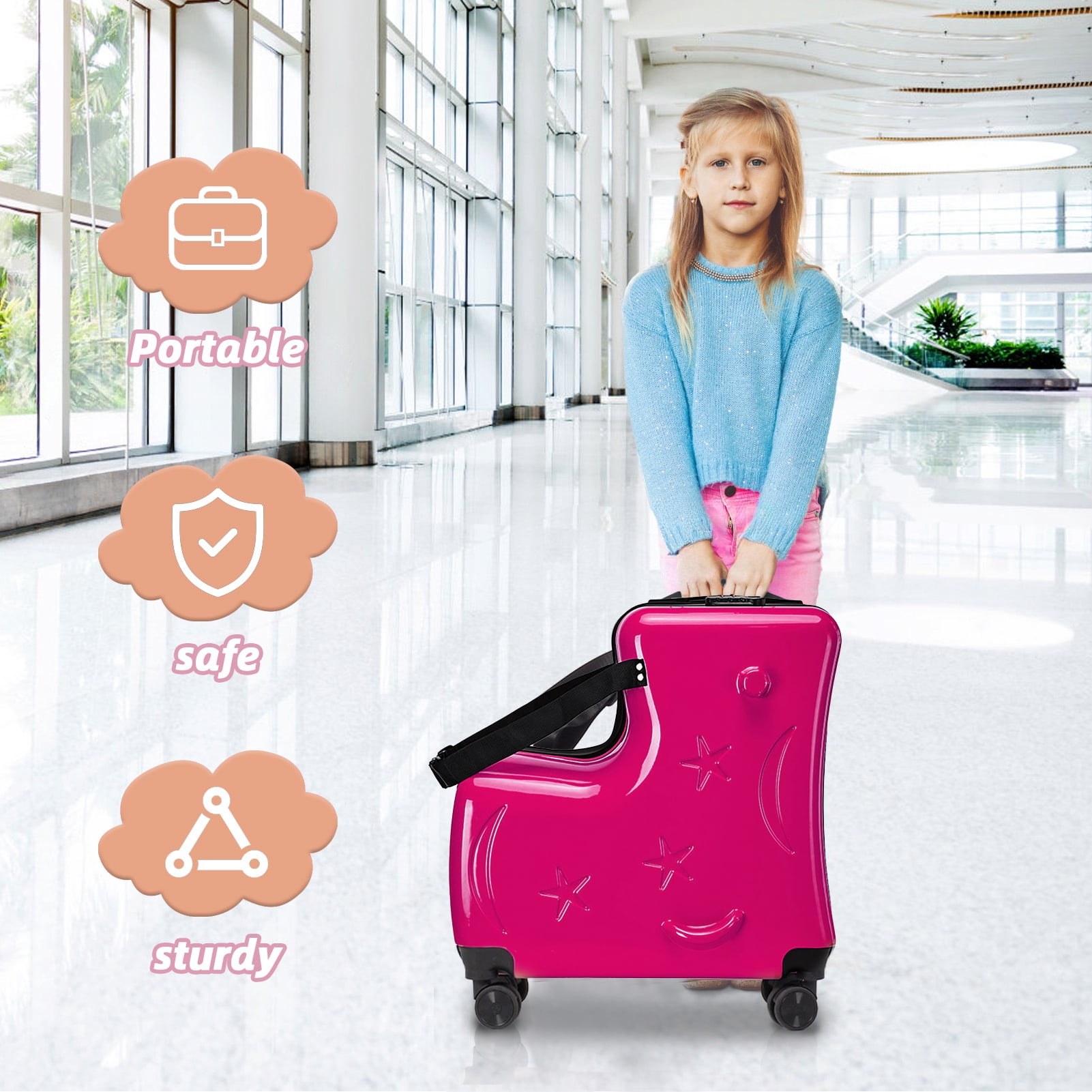 Suhire Kids Carry-On Luggage with Seat, 20 Inch Children Travel Suitcase with Wheels and Safety Belt, Impact Resistant Rolling Suitcase