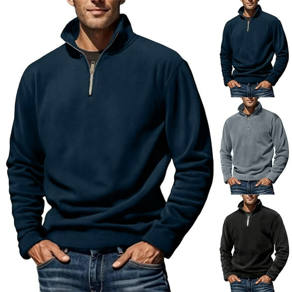 Namayuj Mens Fleece Sweatshirts Basic Solid Color Crewneck Sweatshirt Holiday Pullover Tops Stand Collar Work Warm Long Sleeve T-shirts