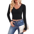thumbnail image 2 of Long Sleeve Shirts for Women Fall Fashion V Neck Basics Crop Tops Slim Fitted Y2K Tops Outfits Clothes Black S, 2 of 9