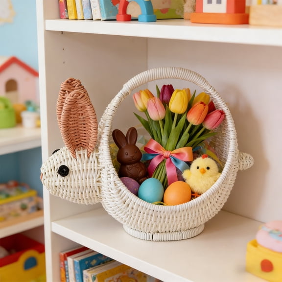 Easter Basket,Egg Basket,Easter Bunny Baskets, Woven Wicker Basket with Rabbit Ears, Imitation Rattan Flower Baskets with Handles, Portable Easter Eggs Storage Basket(A)