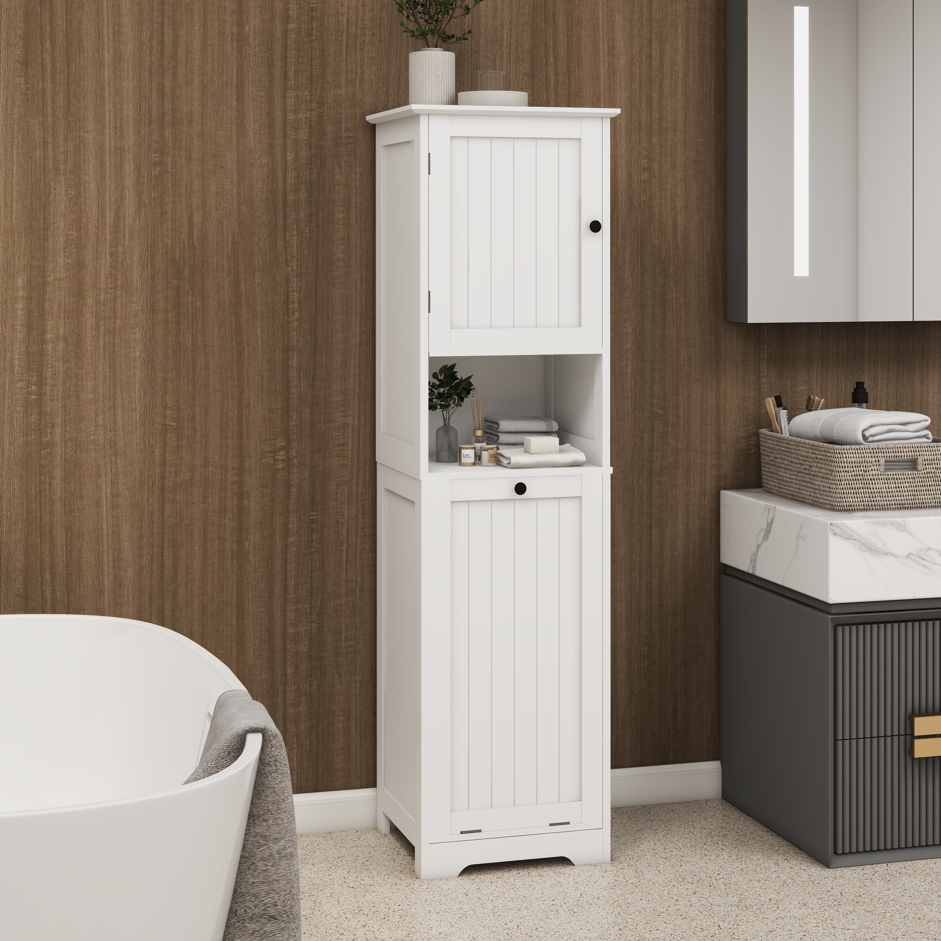 Mintazer Slim Tall Bathroom Storage Cabinet with Open Shelf, Freestanding Narrow Linen Tower with Tilt-Out Laundry Hamper for Bathroom Laundry Room Balcony, White