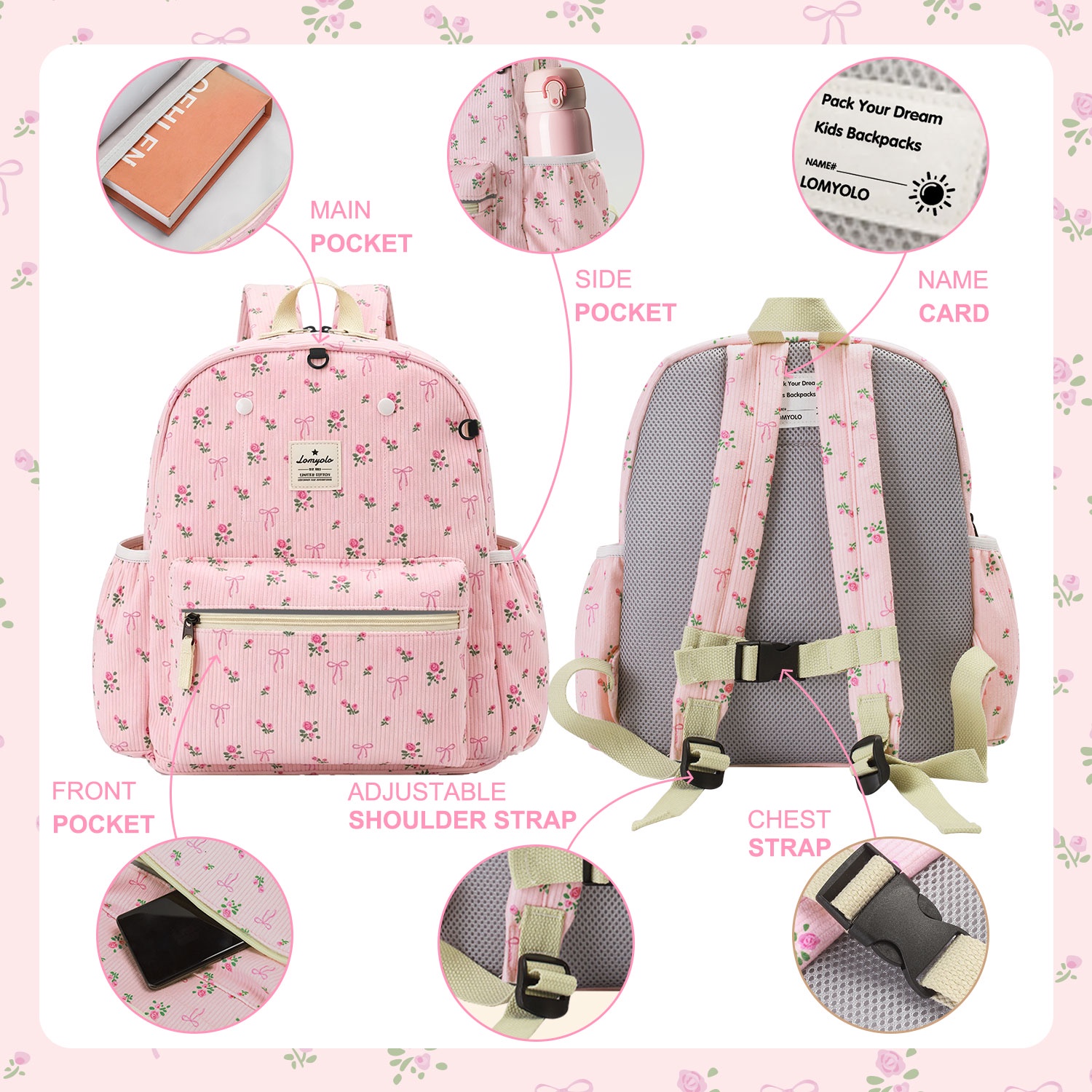 Mochila para niños pequeños de 2 a 5 años, para preescolar, con tira reflectante y anillos en D, ligera, perfecta de pana, regreso a clases, para carpeta de 13.5" 4