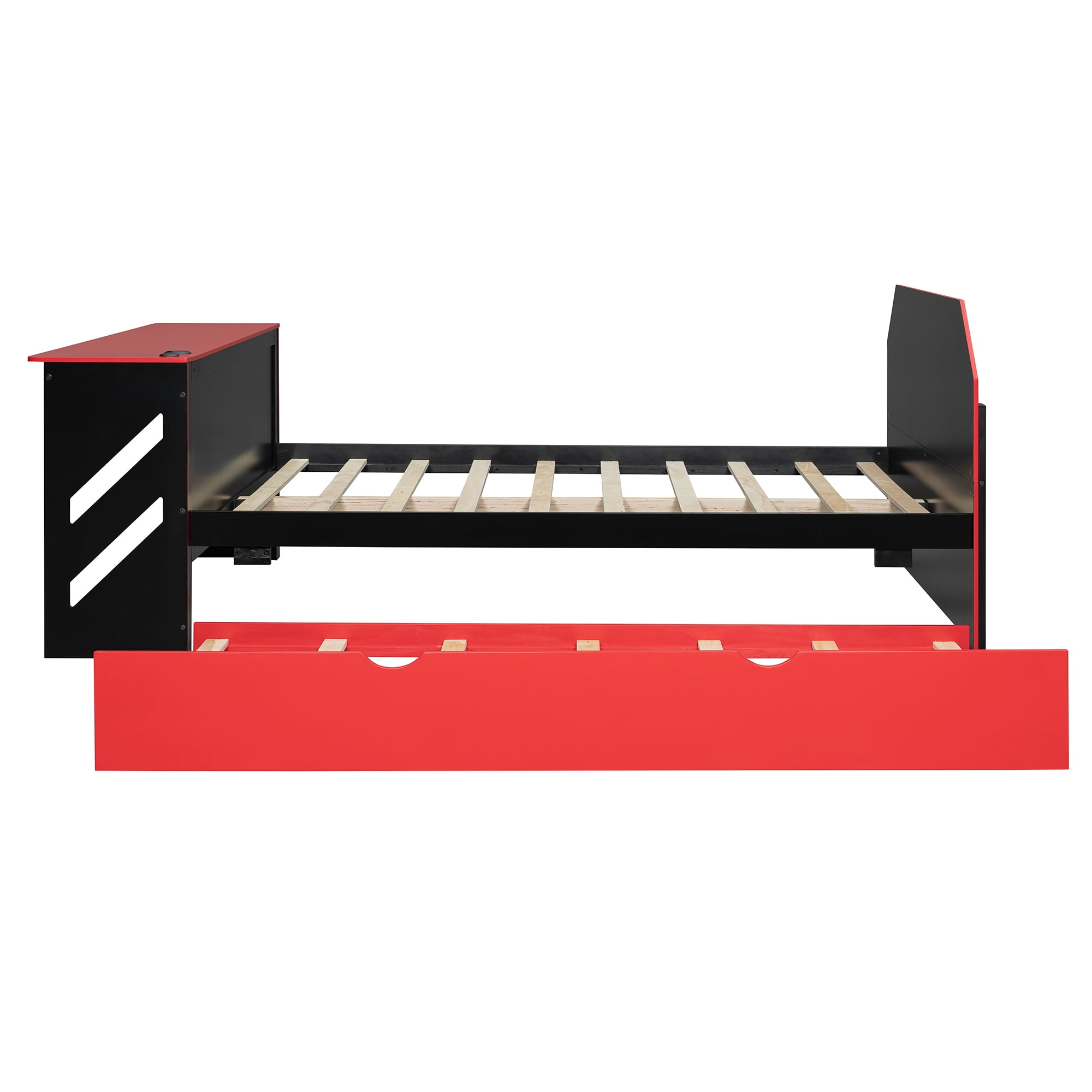 Mintazer Full Size Gaming Daybed with Pull-Out Twin Size Trundle & Desk, Platform Bed Frame with USB for Bedroom Dorm, Black & Red