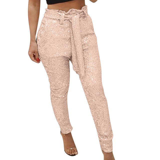 Pantalones senderismo Mujer Gibobby bombachos elásticos de cintura alta informales brillantes con lentejuelas Rosa S