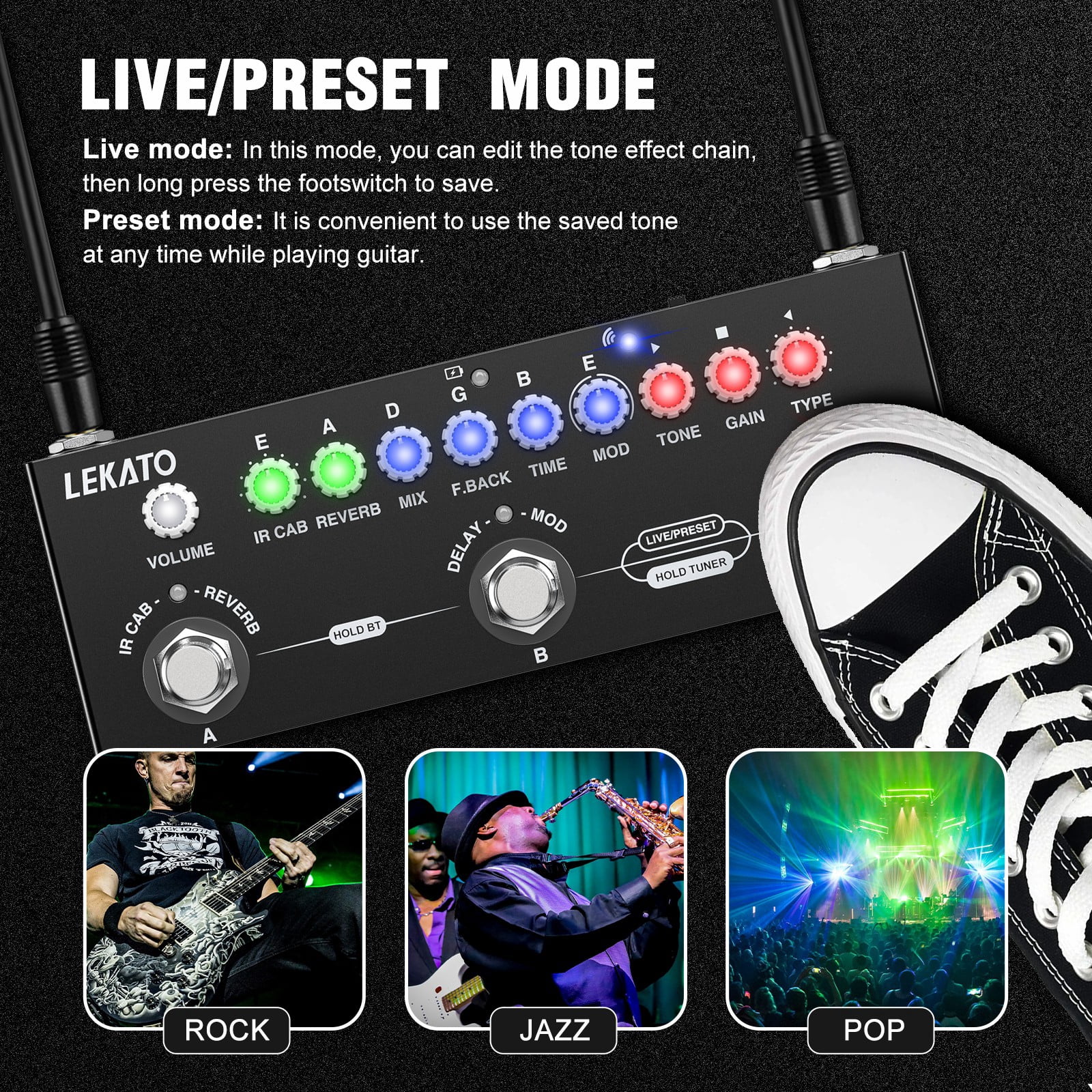 LEKATO Multi Effects Guitar Pedal with IR Loading 9 AMP Models Delay Reverb Distortion Overdrive Rechargable Electric Guitar Effects Multi Pedal Support Recording Bluetooth 5.0