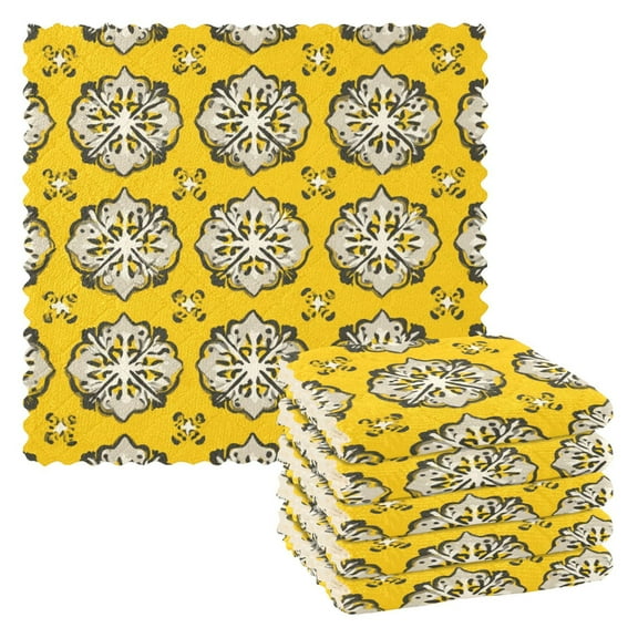 6 Pieces of Kitchen Towels 11x11Inch Kitchen Dish Cloths Kitchen Dish Towels Reuseable Cleaning Cloths Yellow Pattern Seamless