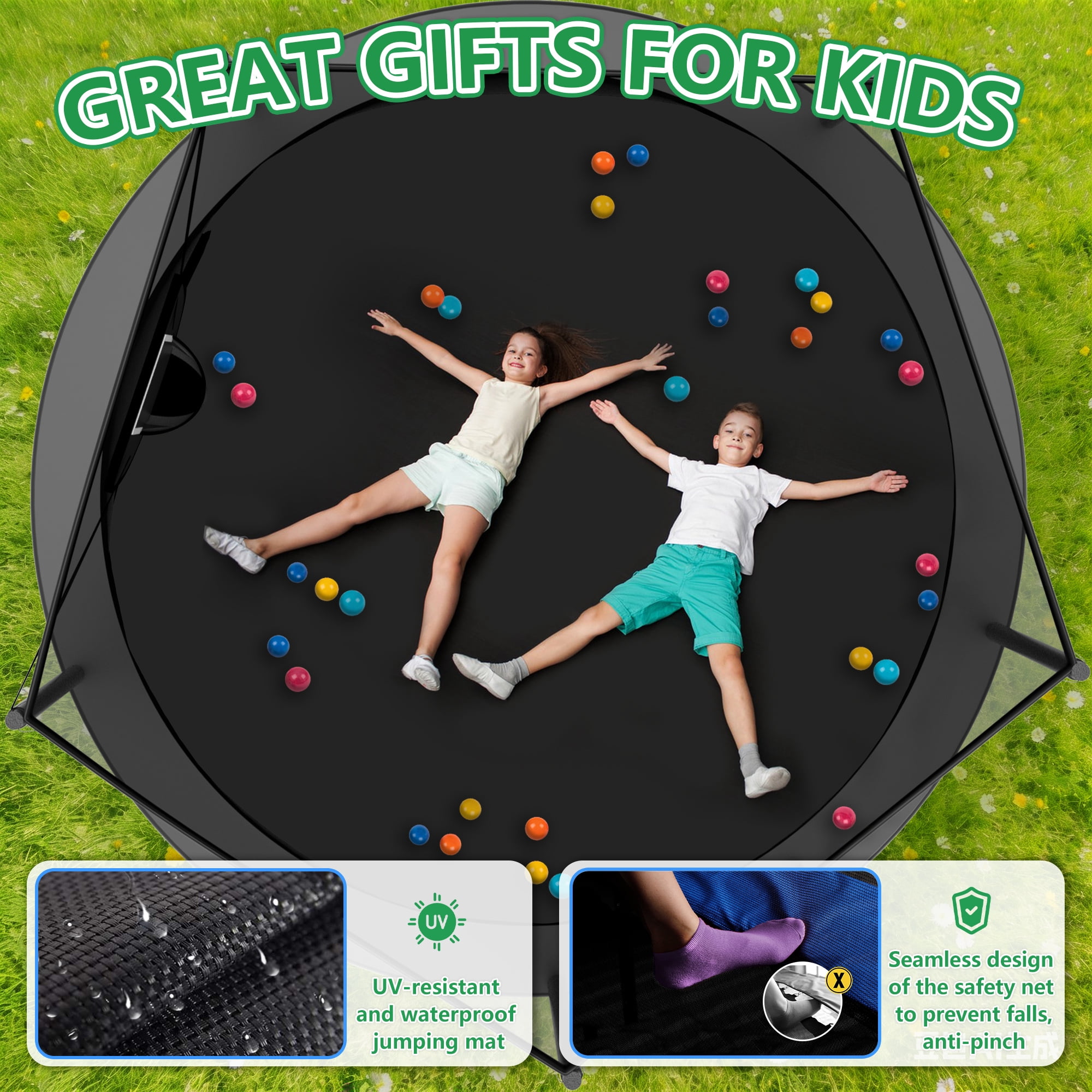 LHX Trampoline with Basketball Hoop 14FT 1400LBS Outdoor Trampolines for Kids Adults Backyard Heavy Duty Round Trampoline with Safety Enclosure Net, Lights, Sprinklers, Socks, No Gap Design