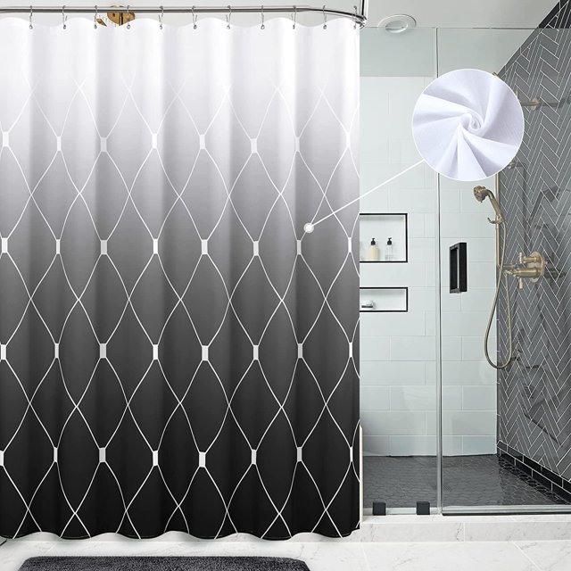 Extra Long Shower Curtains Black and White Shower Curtain Modern Ombre Shower Curtain Set with Hooks Water Repellent Shower Curtain Fabric Shower Curtains for Bathroom Bathtub Hotel, 70x84 inch, Black