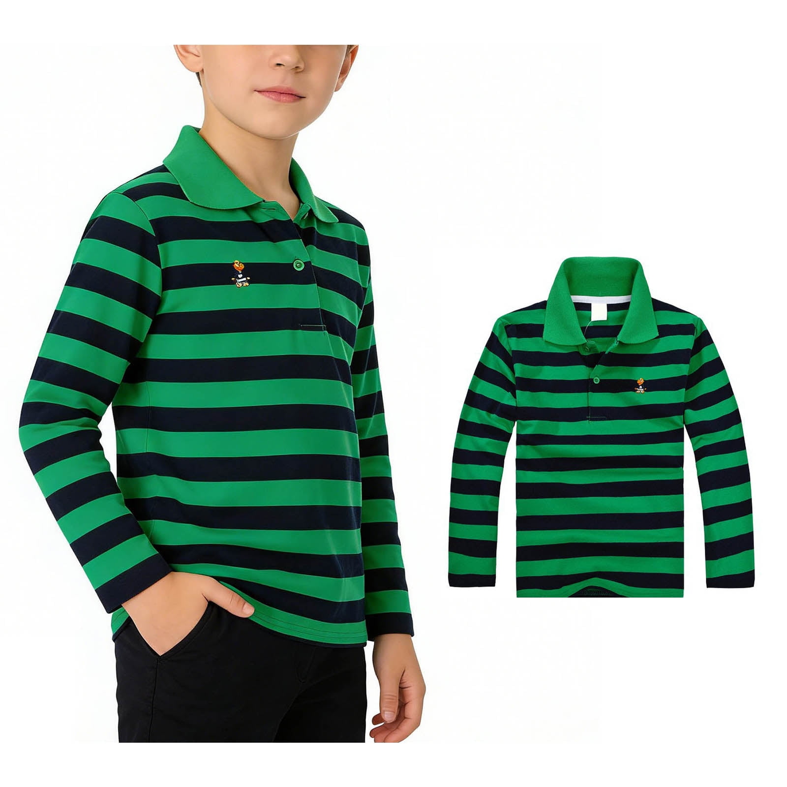 Polo Shirts for Boys Long Sleeve Boys Cute Embroidered Striped Button up Shirt School Clothes Kids Summer Casual Shirts Boys Tops 6-7 Years