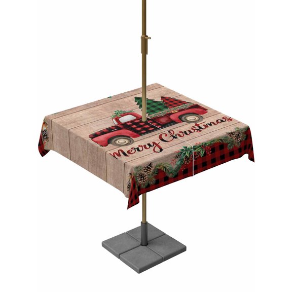 Outdoor Tablecloth with Umbrella Hole and Zipper, Red Plaid Christmas Square Table Cloth 60x60 Inch Waterproof Tablecloth, Truck Xmas Tree Vintage Winter Wooden Picnic Table Cover for Patio Camping