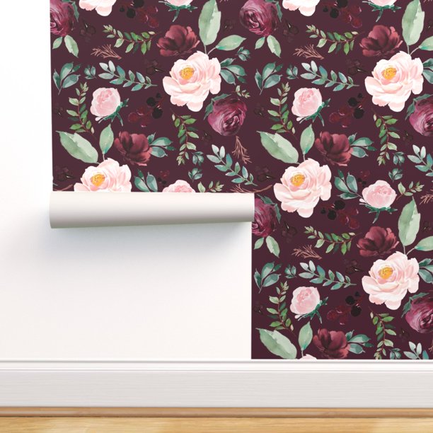 Peel-and-Stick Removable Wallpaper Floral Rose Sprigs Wine Burgundy