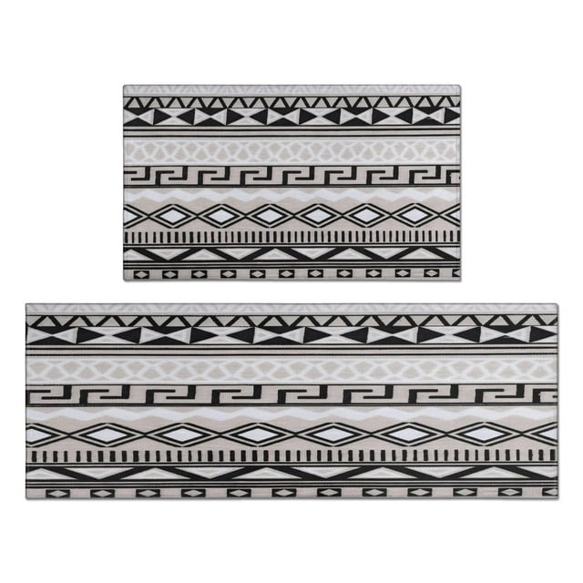 Black Boho 2-Piece Kitchen Rug Mat Set: Machine Washable, Non-Slip - Perfectly Complements Black and White Kitchen Decor