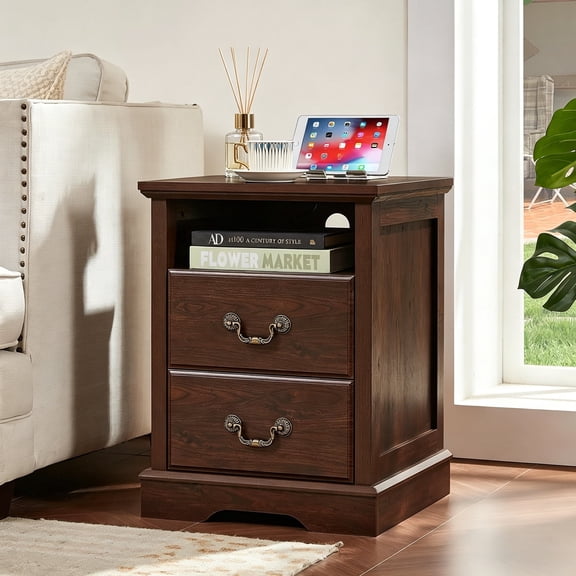LELELINKY 18" Farmhouse Nightstand with Charging Station, 2-Drawer Wood End Table for Adult Bedroom, Walnut