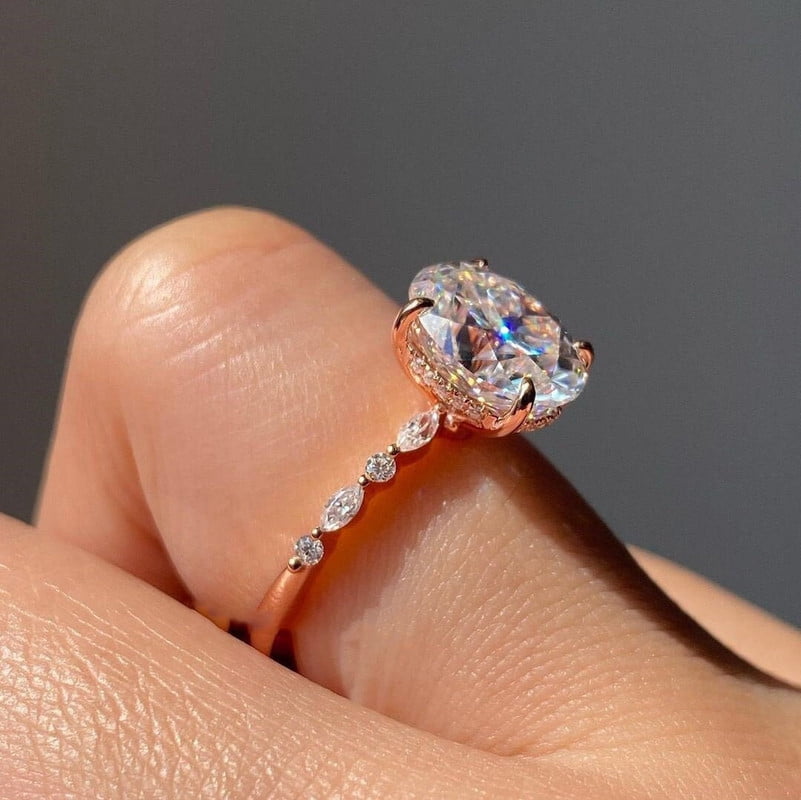 solitaire jewels 2.75CT Oval Hidden Halo Moissanite Engagement Ring For Women, 10K Rose Gold