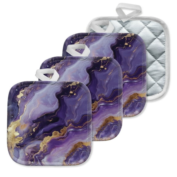 4 Pack Pot Holders,Kitchen Essential, Potholder Set,Purple And Gold Fluid Painting