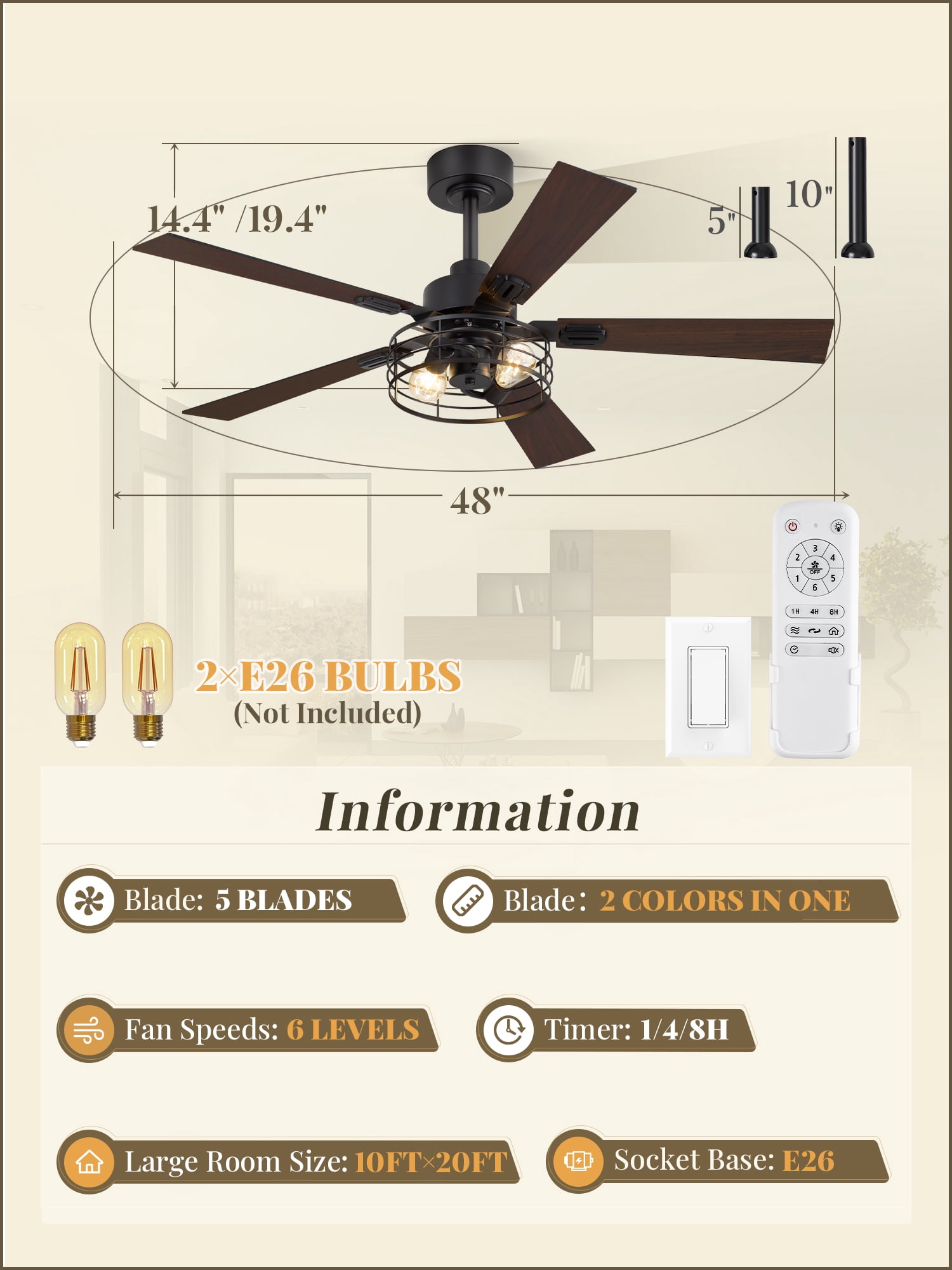 Lokivas 48" 2 Pack Caged Farmhouse Ceiling Fan with Lights, 6-Speed Reversible DC Motor, Double-Sided Blades, Black