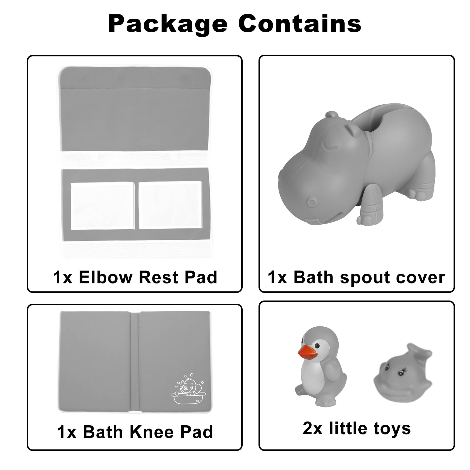 Bath Kneeler and Elbow Rest Pad Set with Toy Organizer - Bath Tub Pad - Bath Spout Cover Gray Hippo - Free Bathtub Toys