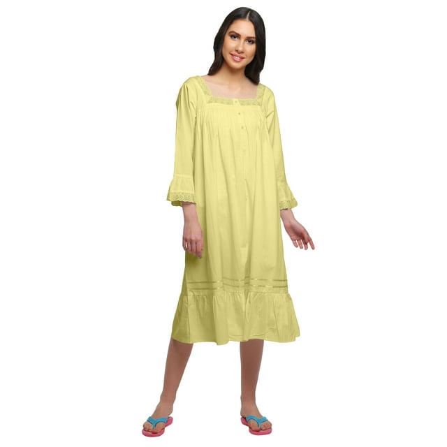 Moomaya WoMen's Flared Nightdress Long Sleeve Cotton Button Placket Nightwear