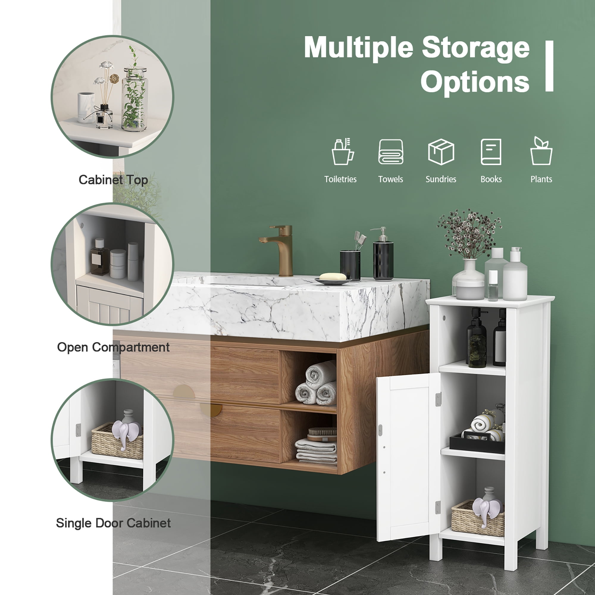 Gymax Bathroom Floor Storage Cabinet Free Standing w/ Single Door Adjustable Shelf