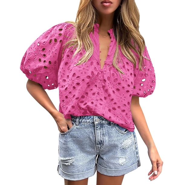 Blusa para Mujer PRETTYGARDEN de Encaje con Botones y Cuello en V Rosa Talle S