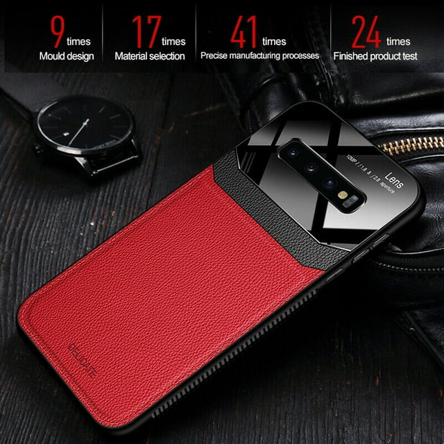 Leather case back cover Protective Cover Phone Case Glass Back Shell For Samsung Galaxy S10 Plus (Red)