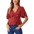 thumbnail image 1 of Blusa peplum para mujer INSPIRE CHIC con mangas acampanadas, decoración de lazo, escote en V profundo, color rojo, 1 of 6