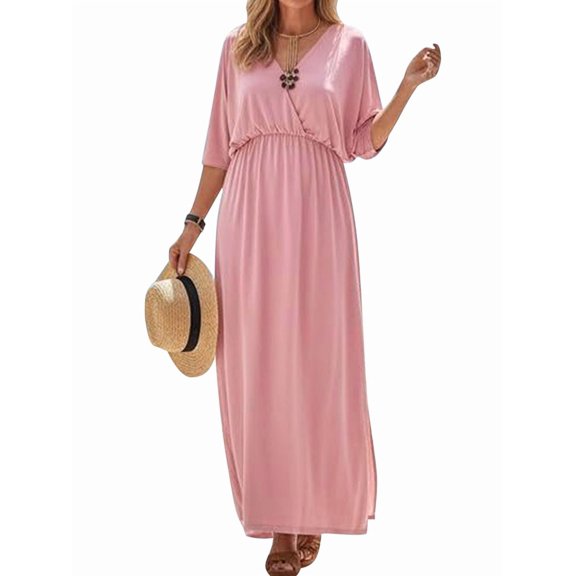 Jaimenalin Women'S V Neck Batwing Sleeve Maxi Dress, Elegant Elastic Waist Split Hem Long Dress with Pockets Pink XXL