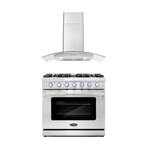 Cosmo 2 Piece Kitchen Appliance Packages with 36" Freestanding Gas Range Kitchen Stove & 36" Wall Mount Range Hood Kitchen Hood Kitchen Appliance Bundles