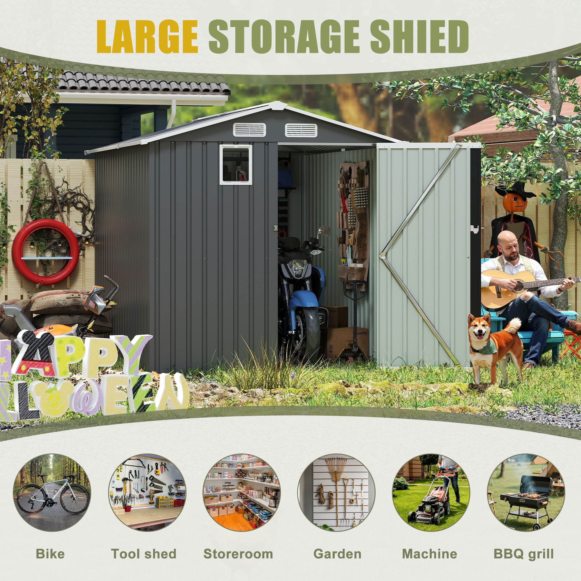 MAYEERTY 6x8FT Outdoor Storage Shed with Lockable Doors & Window, Metal Tool Shed with Vents, for Backyard, Patio, Garden, Bike & BBQ Grill Storage