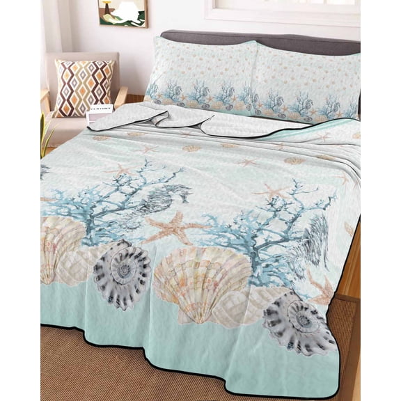 Aqua Coastal Shell King Size Down Alternative Comforter, Lightweight Comforter Quilt Bedding Set with Pillow Shams Nautical Coral Starfish Seahorse All Seasons Bed Comforter Duvet Insert 96"x106"