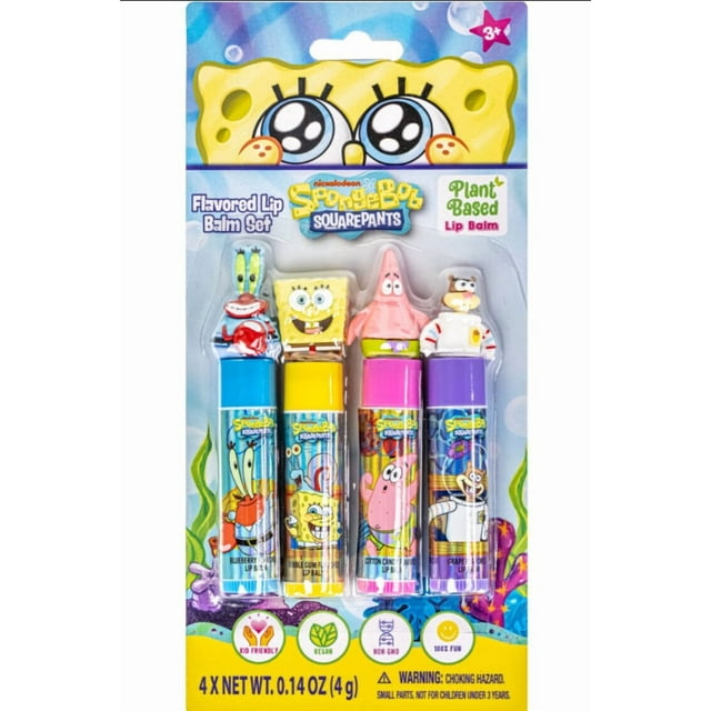 Nickelodeon's Spongebob Squarepants 4pk Lip Balm with Rubber Topper for Kids