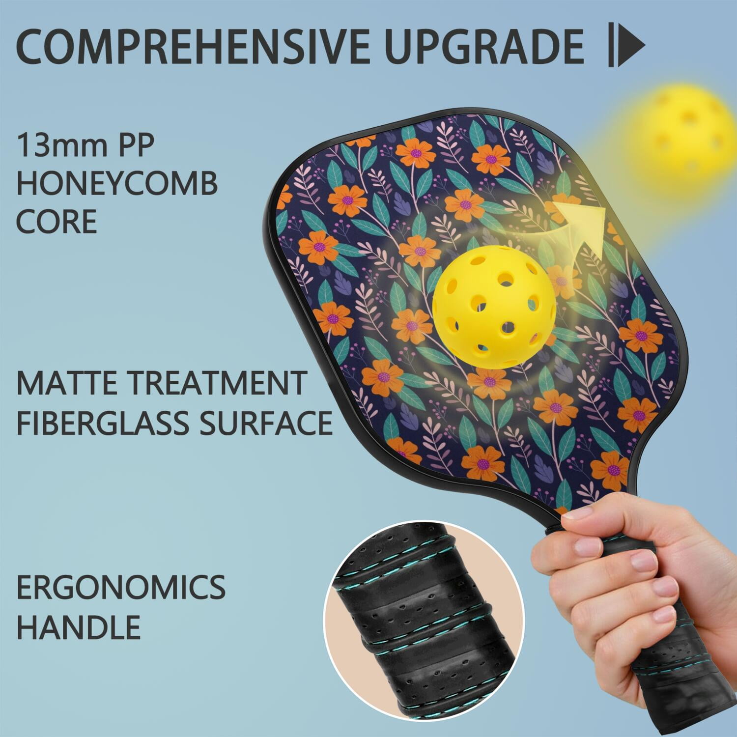 Pickleball Paddles Set,Pioneer Flower Floral Print Pattern Fiberglass Surface Pickleball Racket Set with 2 Indoor Outdoor Pickleball Balls and Pickleball Bag,Pickle-ball Equipment