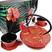 KIYOSHI Luxury 7PC Japanese Tea Set."Red Koi" Cast Iron Tea Pot with 2 Tea Cups, 2 Saucers, Loose Leaf Tea Infuser and Teapot Trivet. Ceremonial Matcha Accessories and Iron Anniversary Gifts