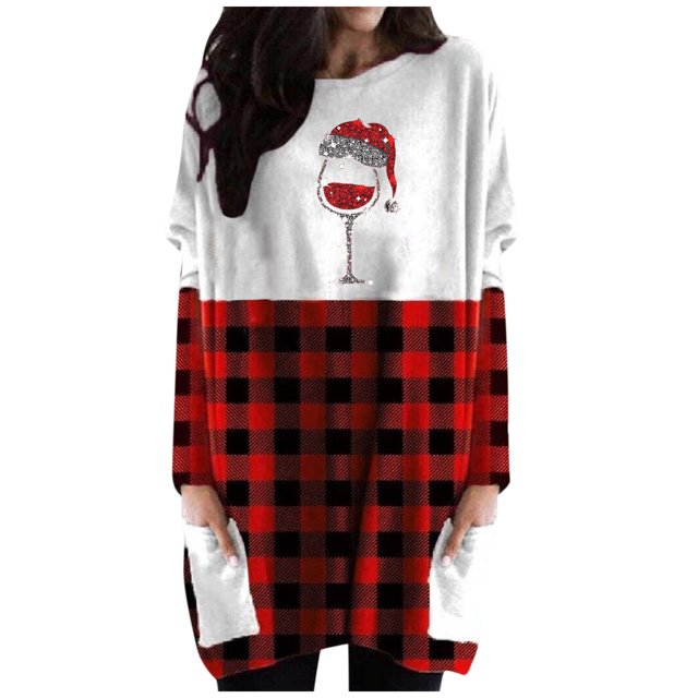 Vestidos de Navidad Para Mujer Nueva Moda Casual Estampado Manga Larga Bolsillo Cuello Redondo Contraste Color Top Ropa Vestido Odeerbi ODB199012