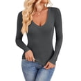 thumbnail image 3 of Long Sleeve Shirts for Women Fall Fashion V Neck Basics Crop Tops Slim Fitted Y2K Tops Outfits Clothes Grey L, 3 of 10