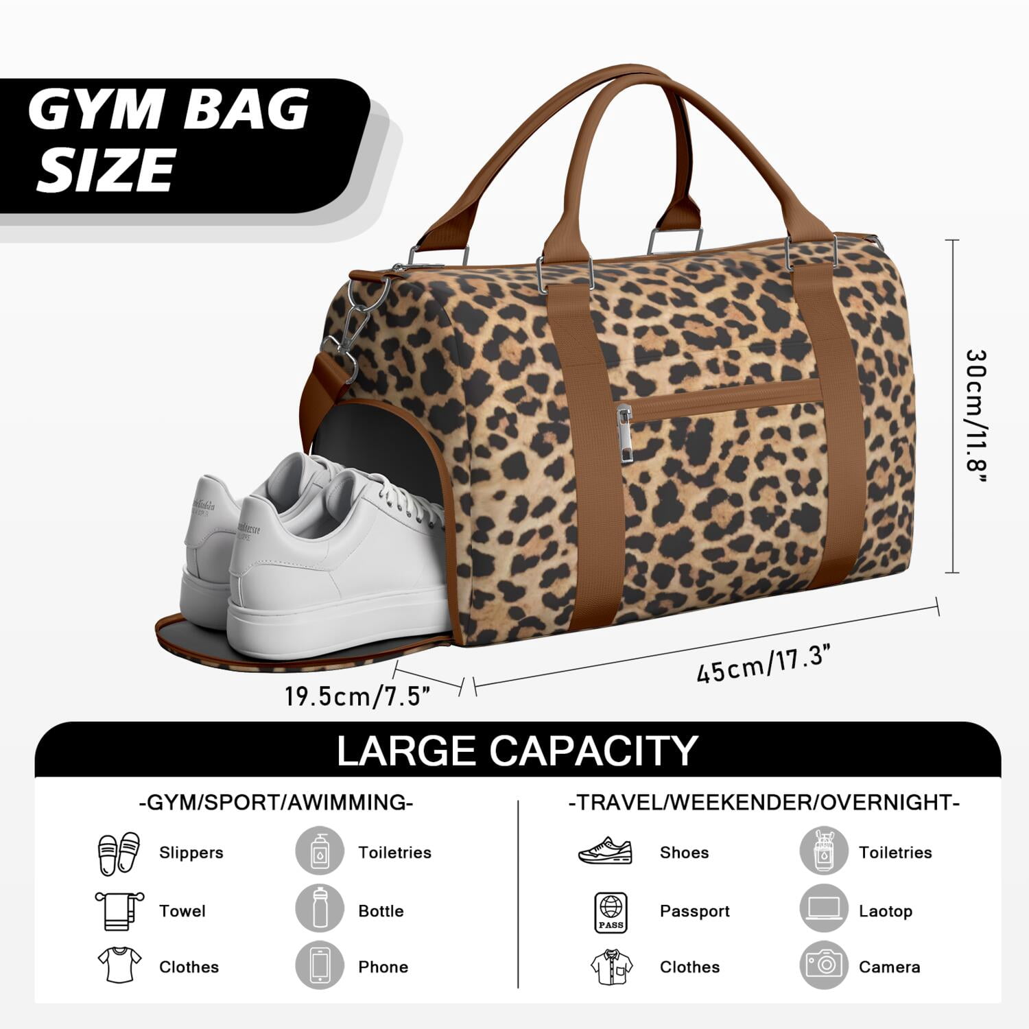 Leopard Womens Gym Tote Duffle Bag with Wet Pocket & Shoe Compartment, Checkered Travel Duffel Bag Overnight Weekender Hospital Tote Girls Workout Carry on Bag with Luggage Sleeve