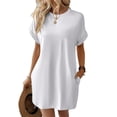thumbnail image 2 of Women Crew Neck Rolled Short-Sleeve Loose Solid-Color T-Shirt Dress Maxi Dresses Plus Size White S, 2 of 6
