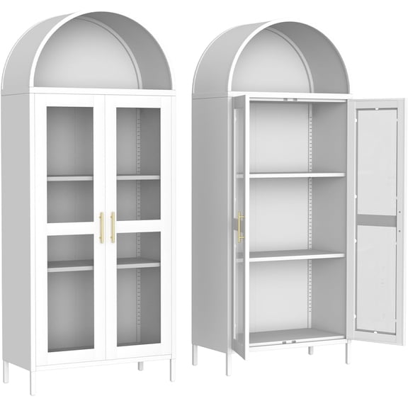 COZONY 73" Arched Metal Pantry Cabinet with Glass Door, 2 Adjustable Shelves, Modern Farmhouse Storage for Dining Room, Living Room, or Kitchen, Black