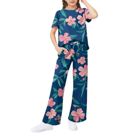 Abcomgle Girls Lounge Sets 4-16 Girls 2 Piece Outfits Hawaiian Floral Print Short Sleeve Shirts and Wide Leg Pants Set Cute Preppy Girls Activewear Sets,7-8 Years