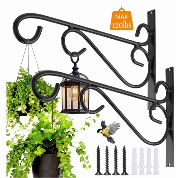 Heavy Duty Hanging Plant Brackets 2 Pack 12 inch Wall Mount - Rust Resistant Metal Plant Hanger Hooks Outdoor Indoor with 120 lb Capacity for Hanging Plants Bird Feeder Wind Chime Lantern, Black